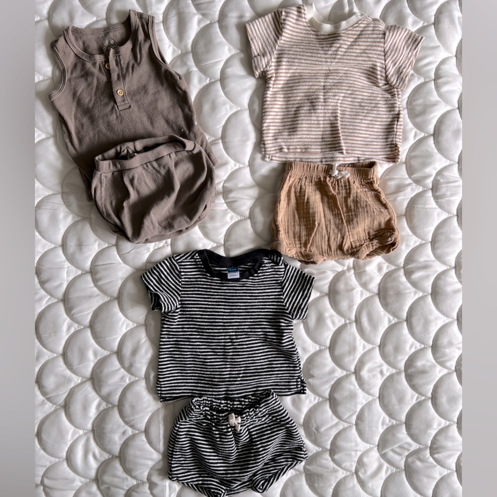 3-6 months Striped and solid neutral colored short sets - Black, Brown, Tan